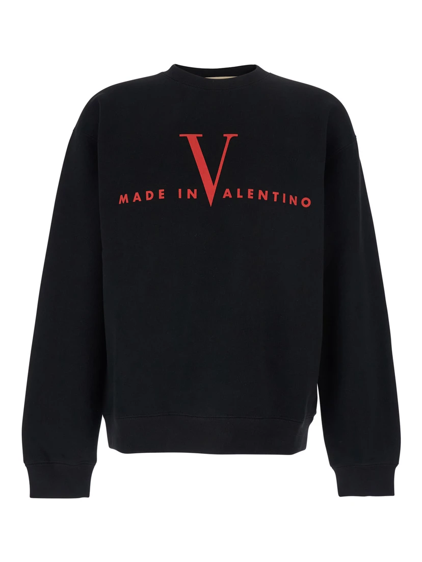 Black Crewneck Sweatshirt with Logo Print on the Front and Dropped Shoulders in Cotton Man