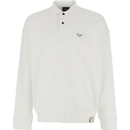White Sweatshirt with Polo Shirt Style Collar and Logo Embroidery on the Front in Cotton Man