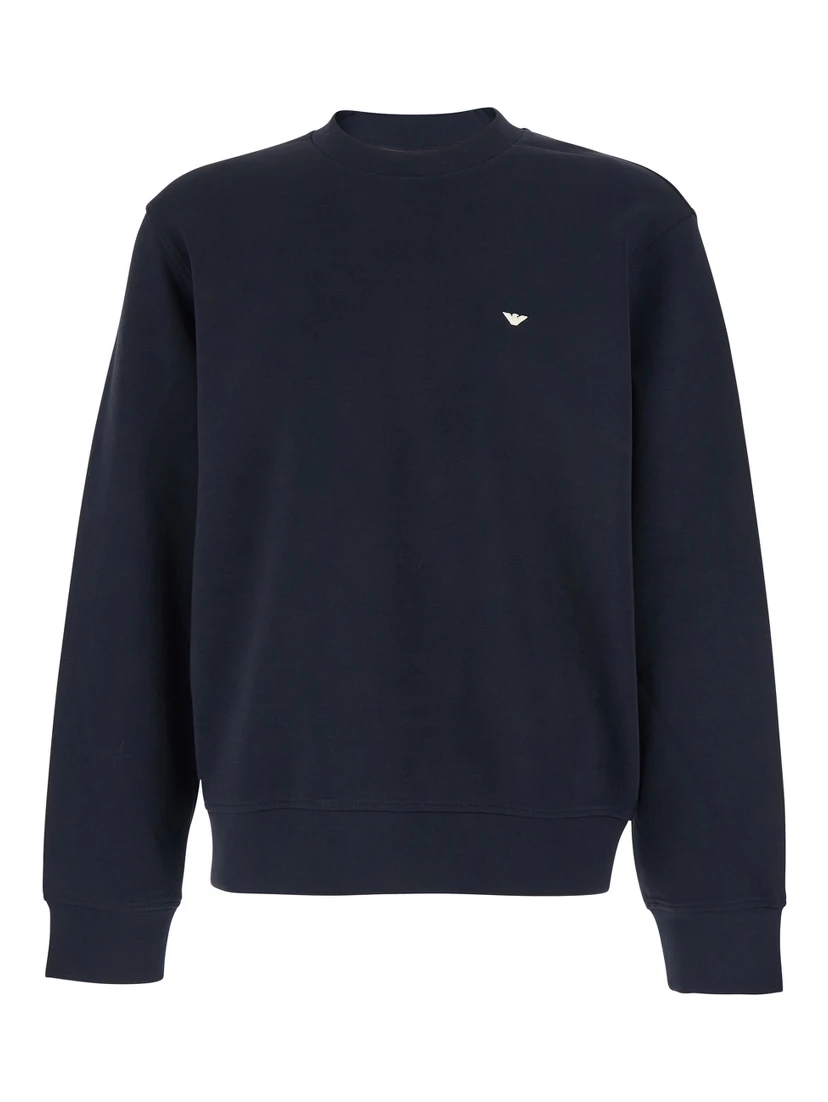 Blue Crewneck Sweatshirt with Logo Embroidery on the Front in Cotton Blend Man