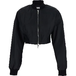 Black Crop Jacket with Bomber Collar and Sleeve Pocket in Tech Fabric Woman