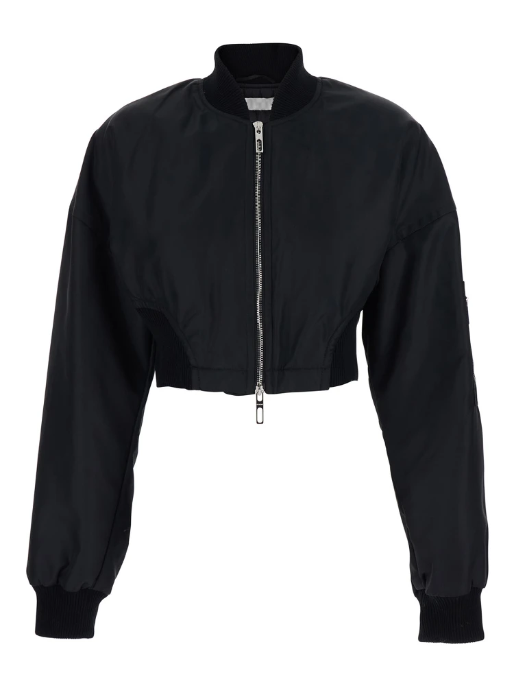 Black Crop Jacket with Bomber Collar and Sleeve Pocket in Tech Fabric Woman