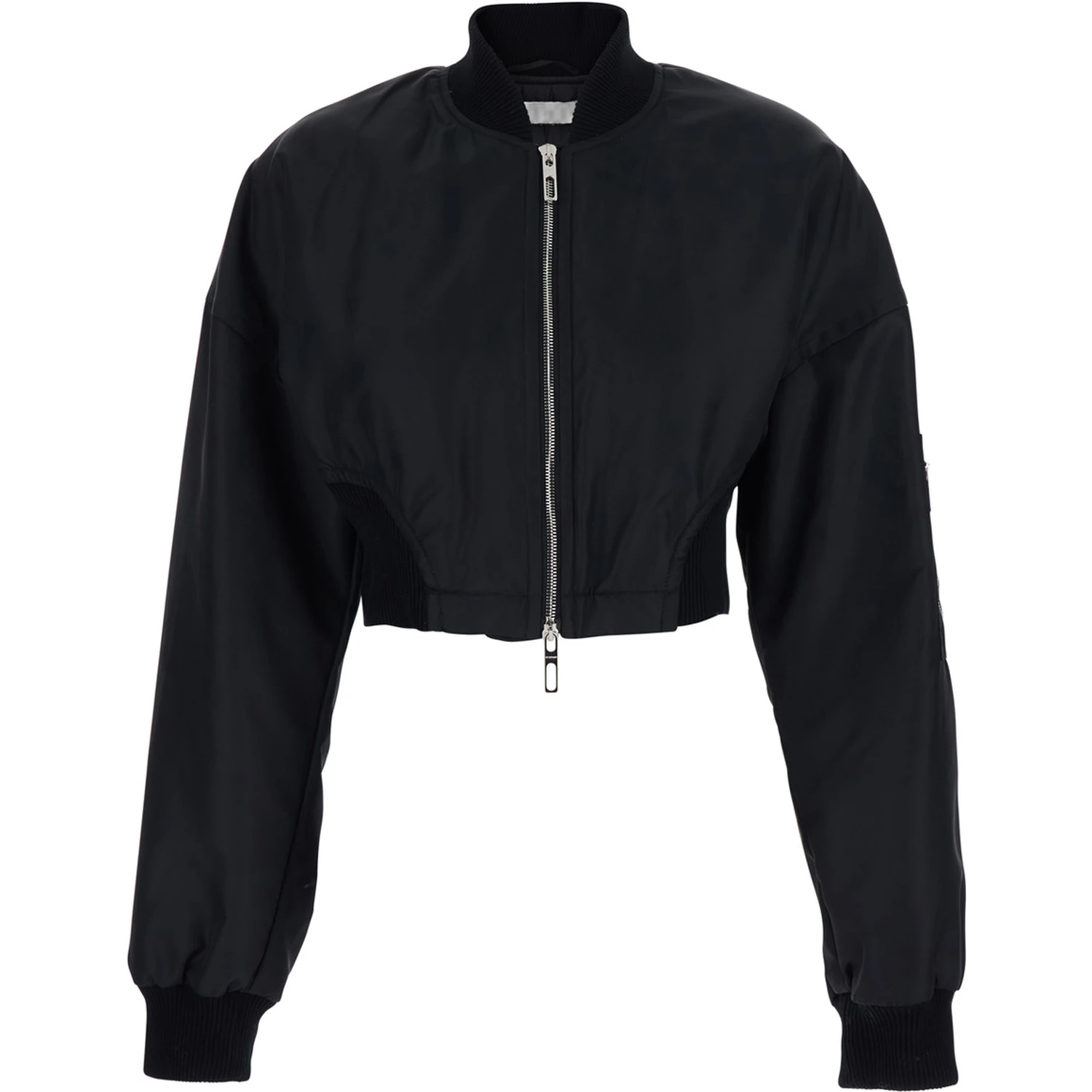 Black Crop Jacket with Bomber Collar and Sleeve Pocket in Tech Fabric Woman