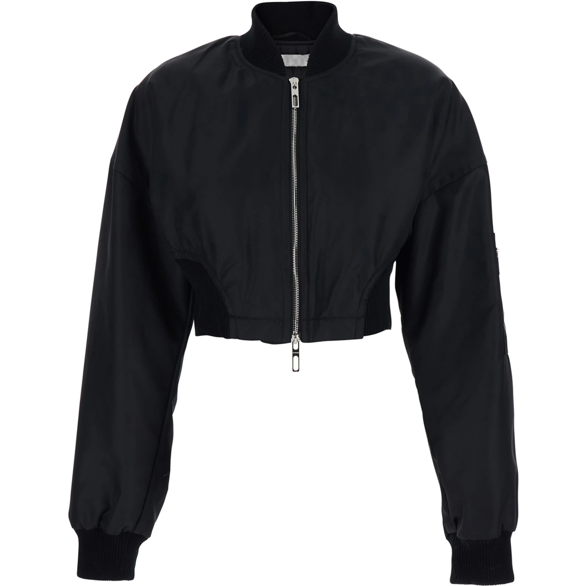 Black Crop Jacket with Bomber Collar and Sleeve Pocket in Tech Fabric Woman