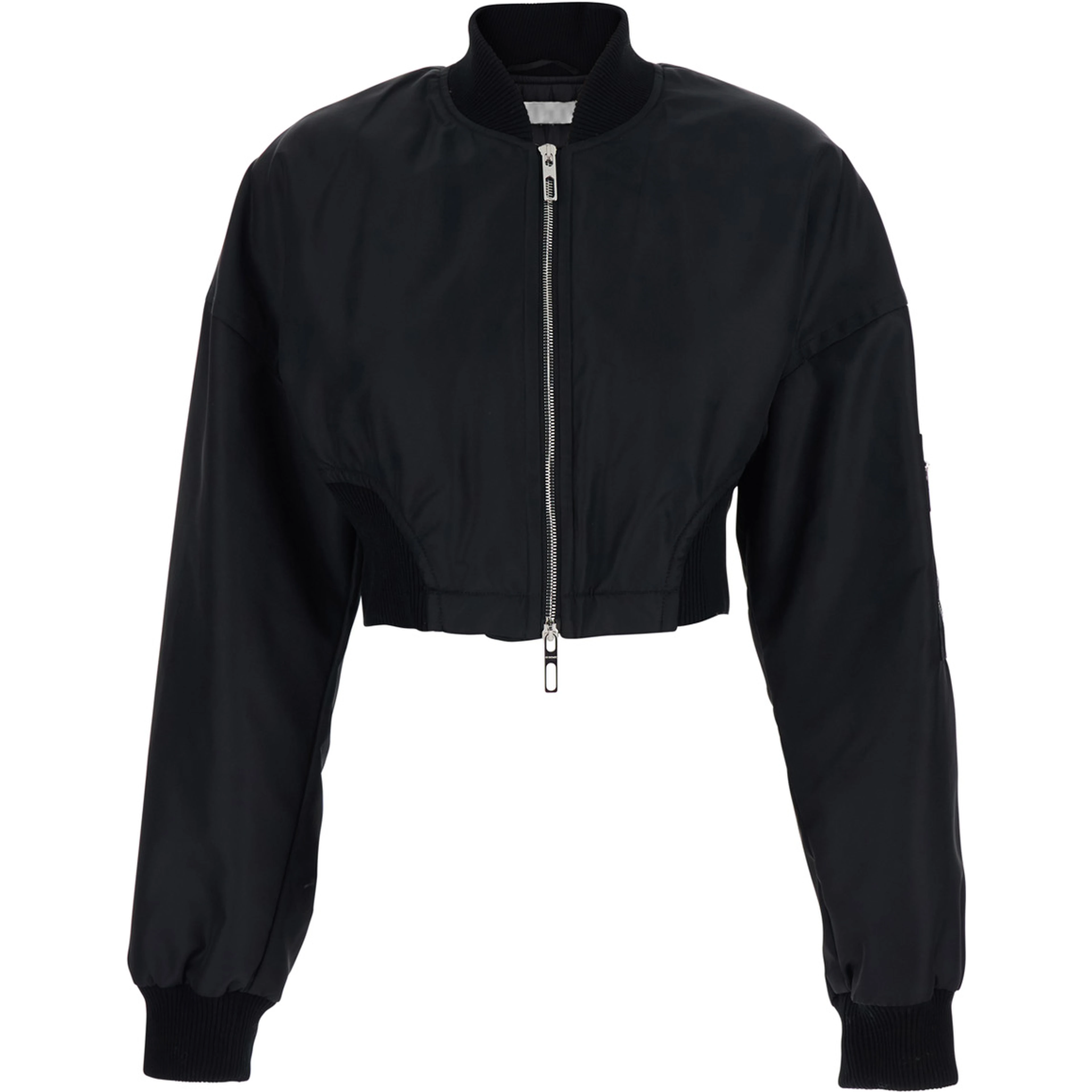 Black Crop Jacket with Bomber Collar and Sleeve Pocket in Tech Fabric Woman