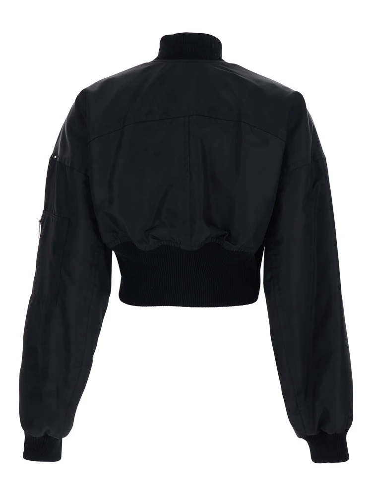 Black Crop Jacket with Bomber Collar and Sleeve Pocket in Tech Fabric Woman alternative