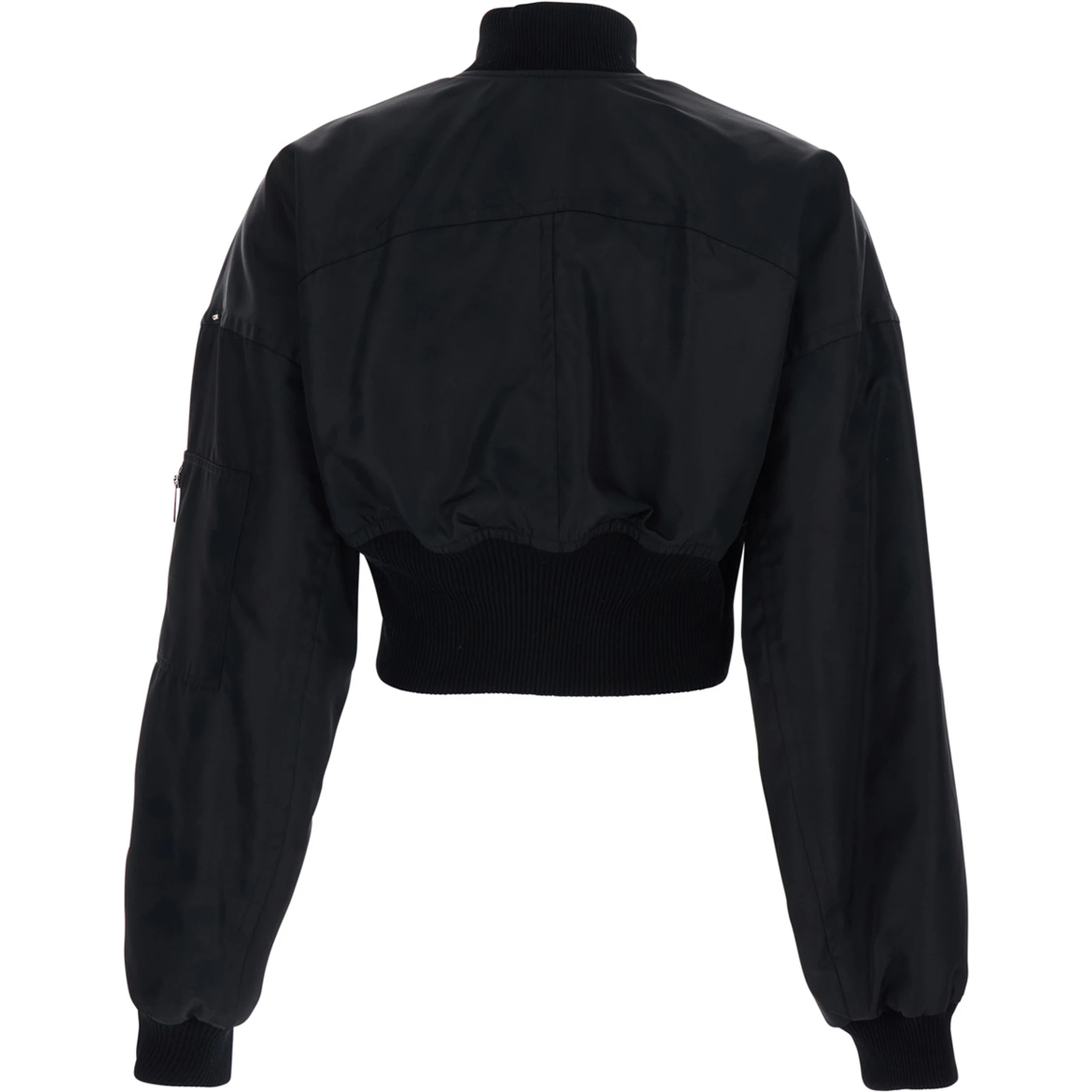 Black Crop Jacket with Bomber Collar and Sleeve Pocket in Tech Fabric Woman