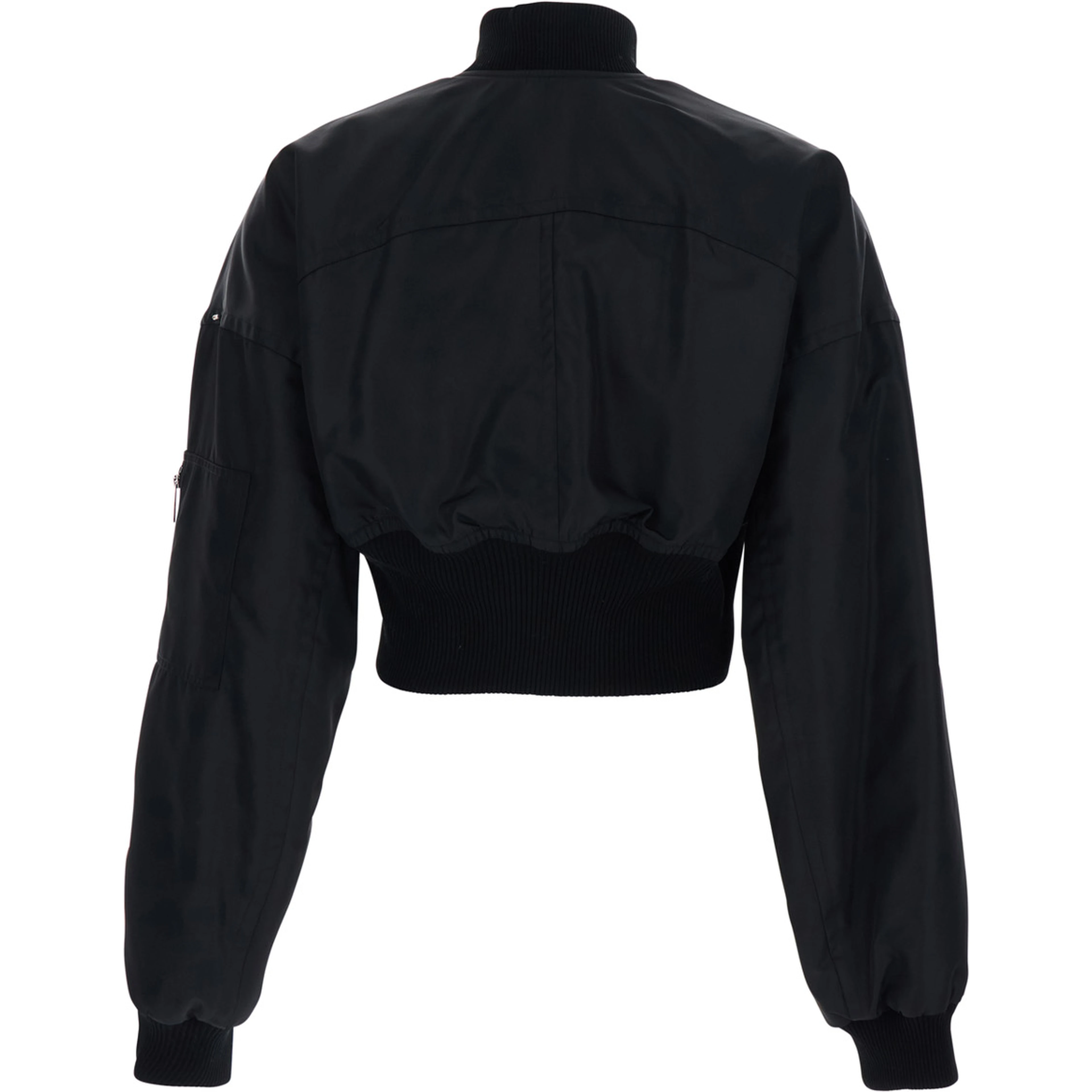 Black Crop Jacket with Bomber Collar and Sleeve Pocket in Tech Fabric Woman