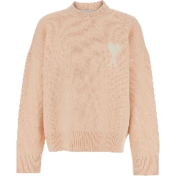 Pink Crewneck Sweater with ADC Embroidery on the Front and Dropped Shoulders in Wool Blend Woman