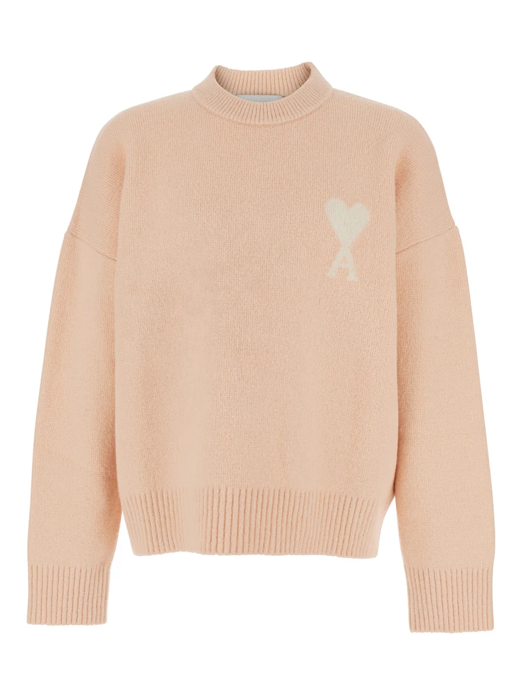 Pink Crewneck Sweater with ADC Embroidery on the Front and Dropped Shoulders in Wool Blend Woman