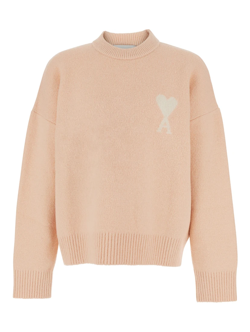 Pink Crewneck Sweater with ADC Embroidery on the Front and Dropped Shoulders in Wool Blend Woman