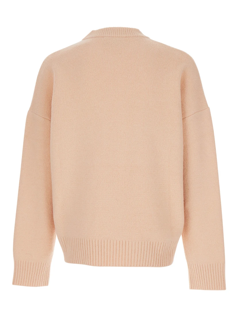 Pink Crewneck Sweater with ADC Embroidery on the Front and Dropped Shoulders in Wool Blend Woman