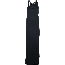 Black Sleeveless Long Dress with Criss-Crossed Adjustable Straps and Open Rear in Viscose Woman