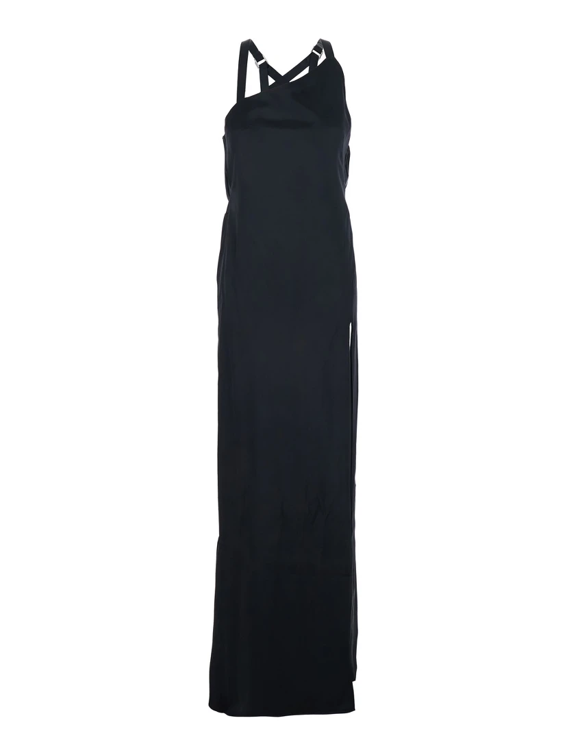Black Sleeveless Long Dress with Criss-Crossed Adjustable Straps and Open Rear in Viscose Woman