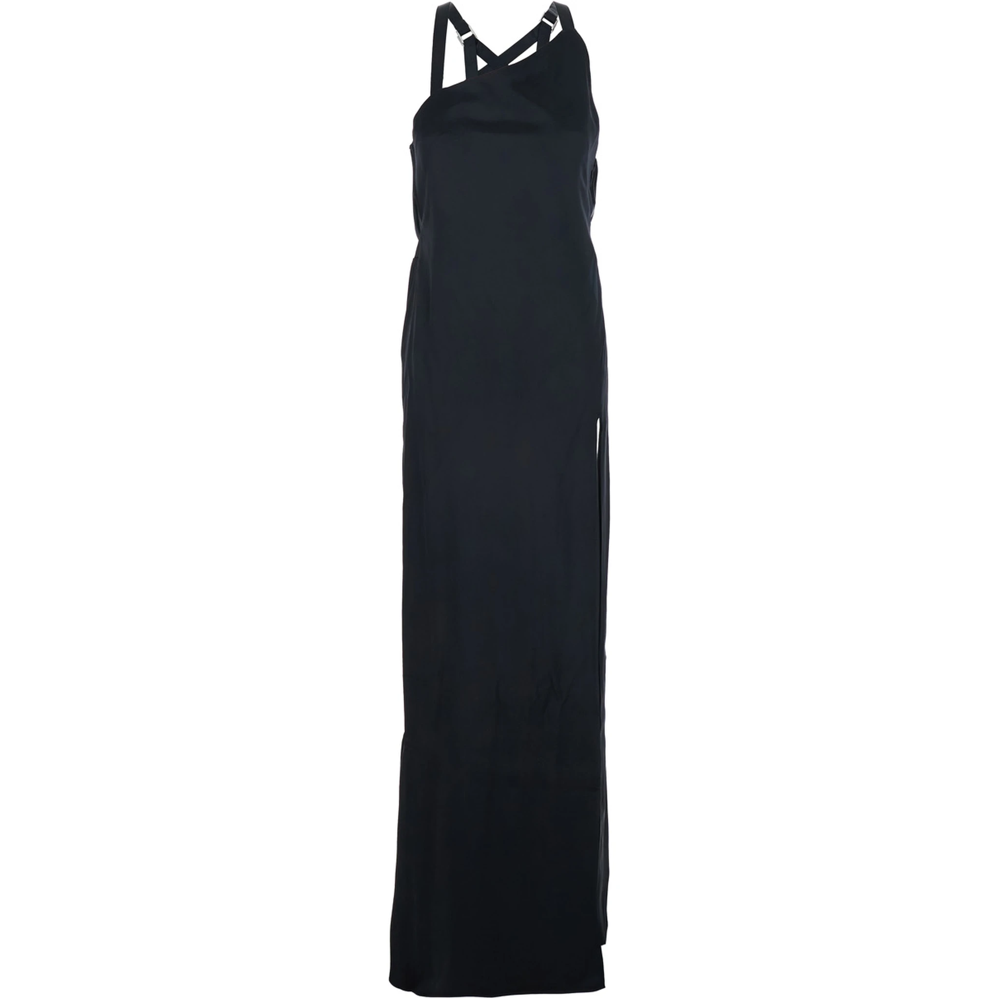 Black Sleeveless Long Dress with Criss-Crossed Adjustable Straps and Open Rear in Viscose Woman