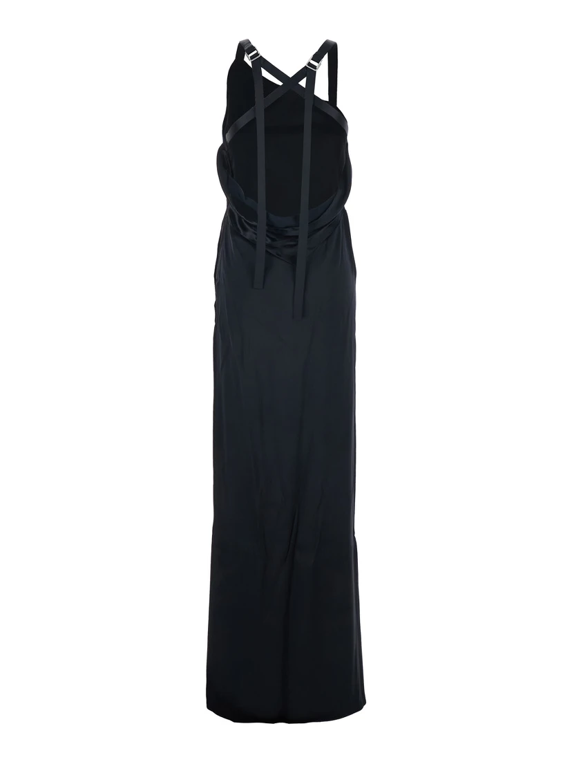 Black Sleeveless Long Dress with Criss-Crossed Adjustable Straps and Open Rear in Viscose Woman
