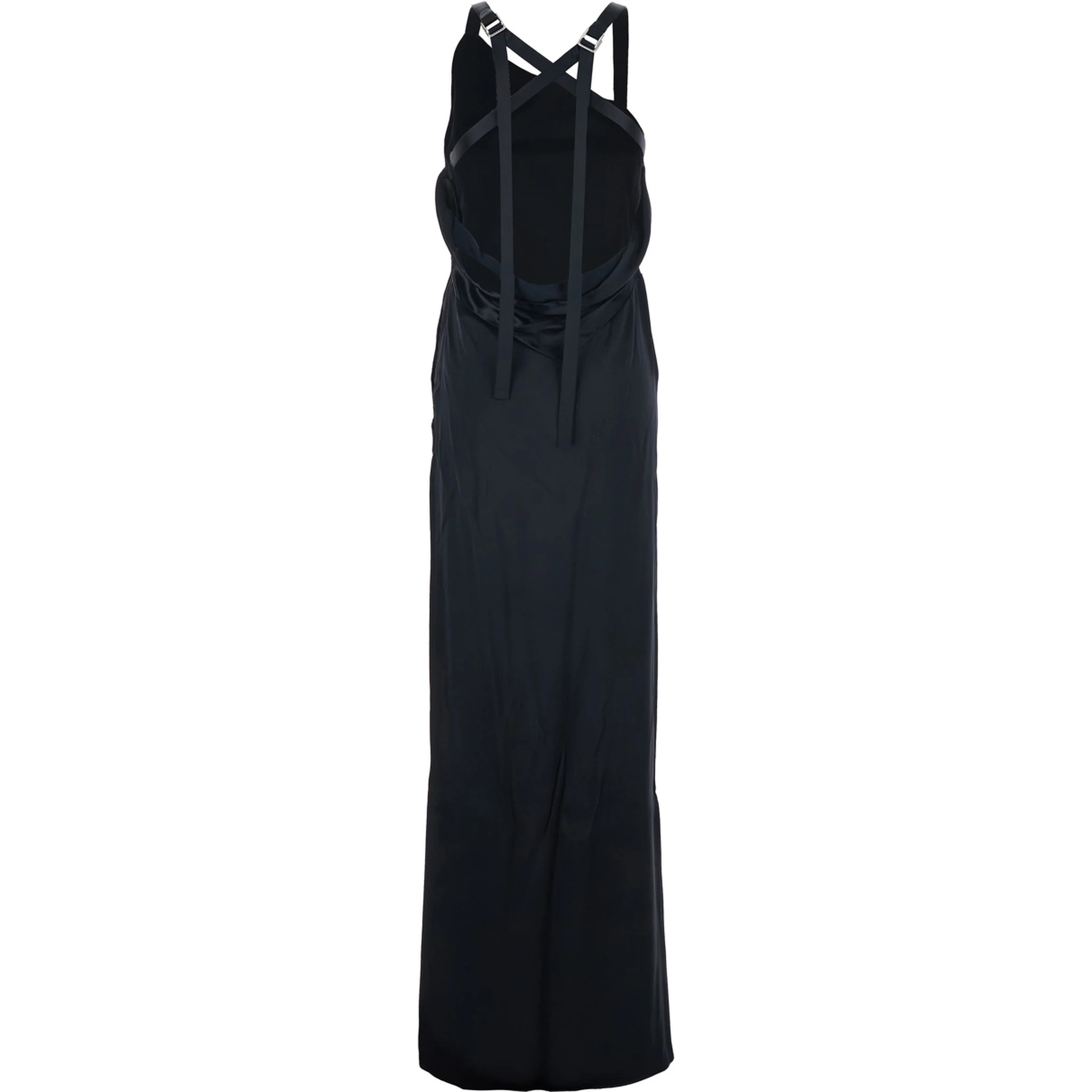 Black Sleeveless Long Dress with Criss-Crossed Adjustable Straps and Open Rear in Viscose Woman