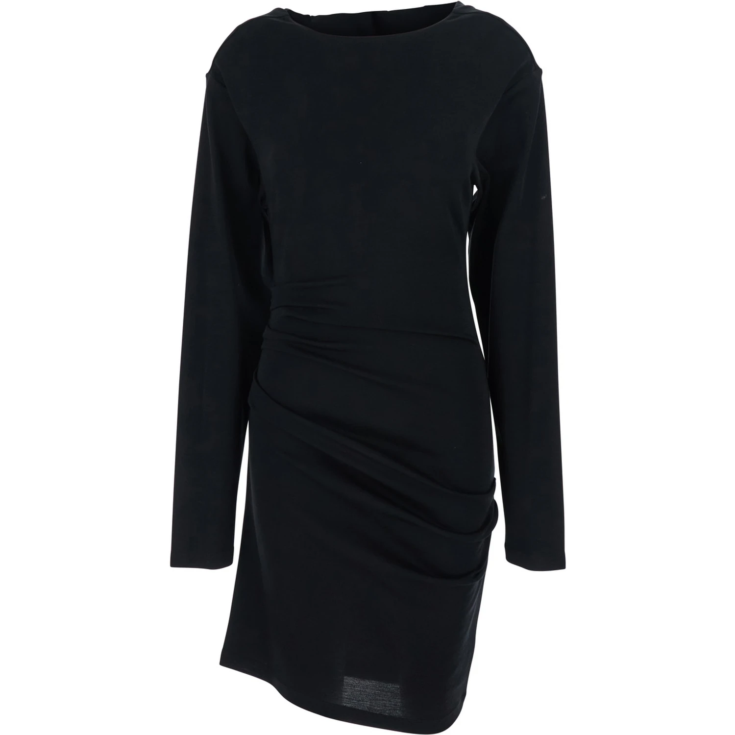 Umido Black Dress with Round Neckline and Draped Details in Virgin Wool Woman