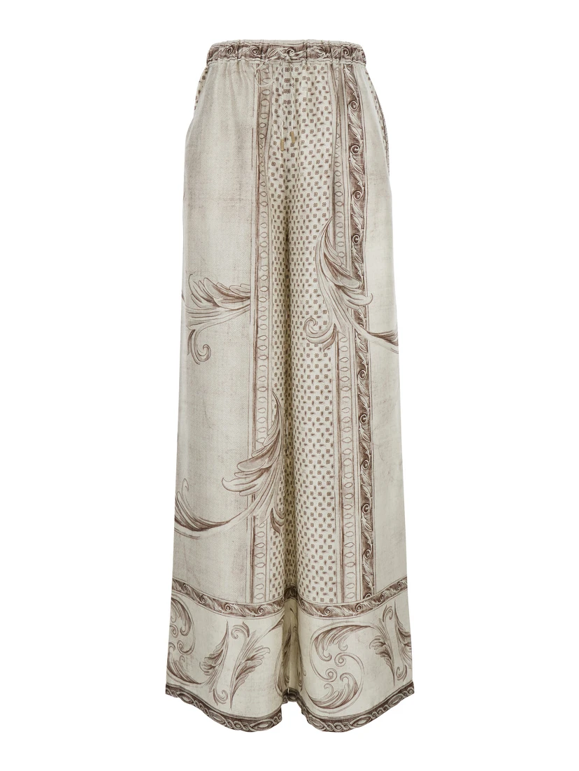 Rive WhiteTrousers All-Over Geometric Print in Silk Woman