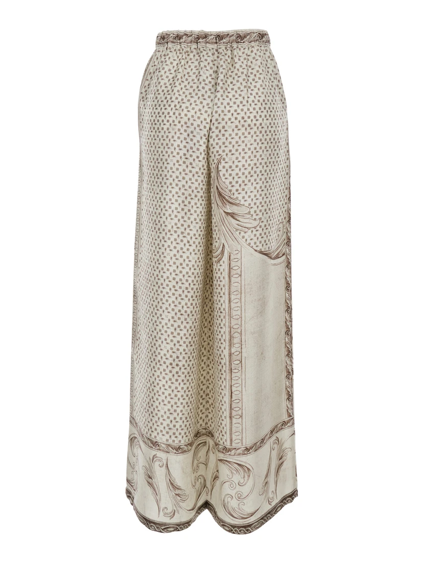 Rive WhiteTrousers All-Over Geometric Print in Silk Woman