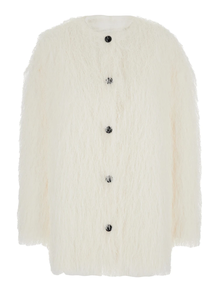 Filipo White Jacket with Round Neck and All-Over Fringes Design in Tech Fabric Woman