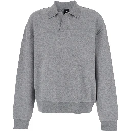Grey Long-Sleeve Polo Shirt with Dropped Shoulders and Ribbed Trims in Wool Man