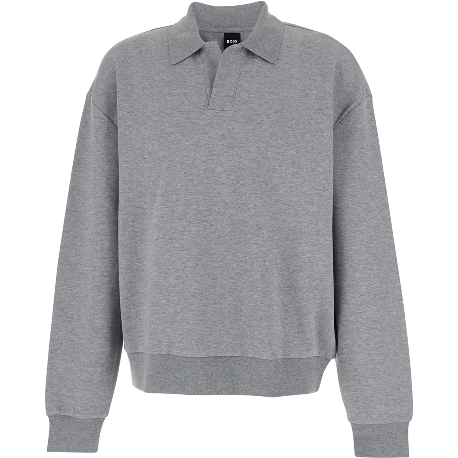 Grey Long-Sleeve Polo Shirt with Dropped Shoulders and Ribbed Trims in Wool Man