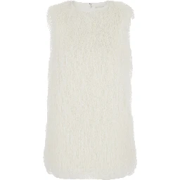 Yasmin White Crew Neck Top with All-Over Fringe Design in Tech Fabric Woman