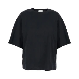Black Crew Neck T-Shirt with Dropped Shoulder and Boxy Design in Cotton Woman