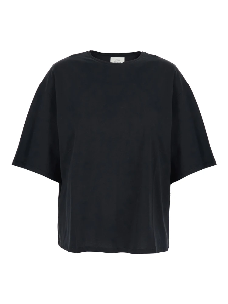 Black Crew Neck T-Shirt with Dropped Shoulder and Boxy Design in Cotton Woman