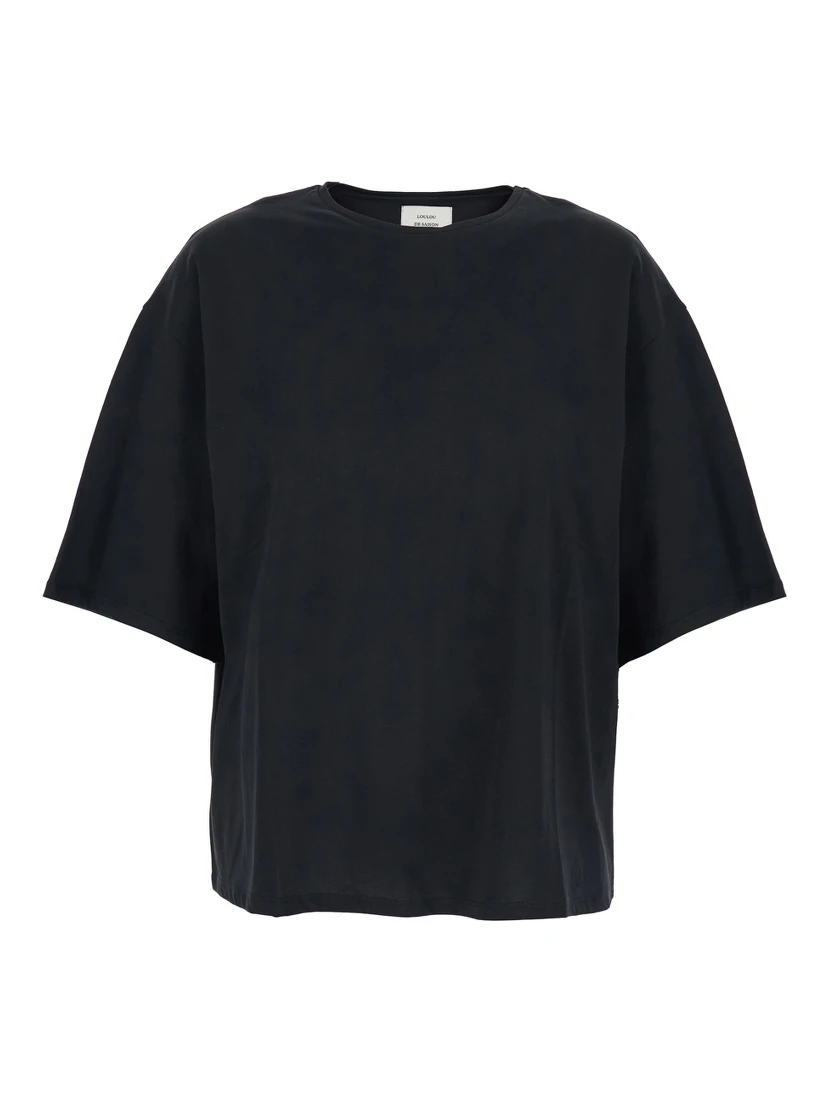 Black Crew Neck T-Shirt with Dropped Shoulder and Boxy Design in Cotton Woman
