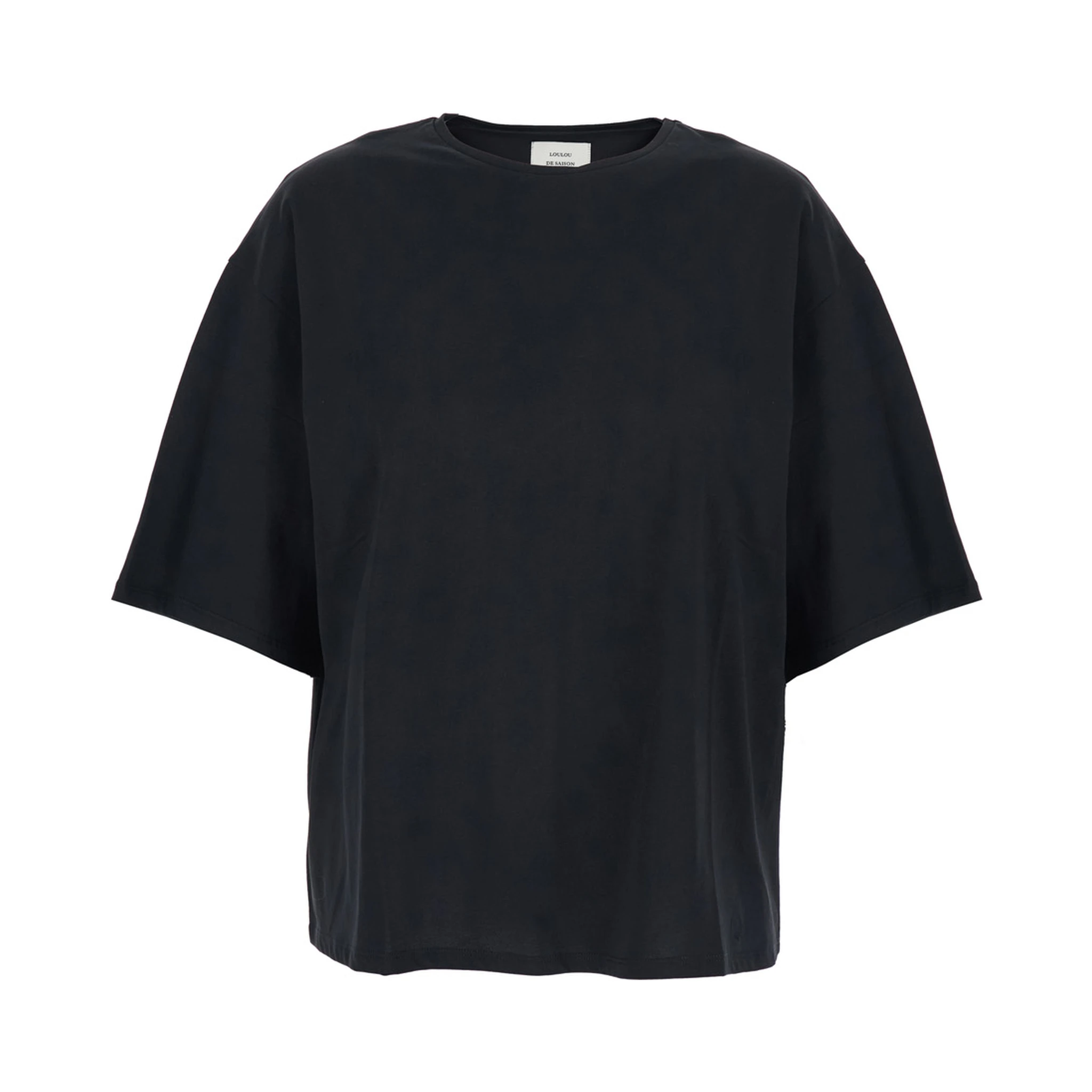 Black Crew Neck T-Shirt with Dropped Shoulder and Boxy Design in Cotton Woman