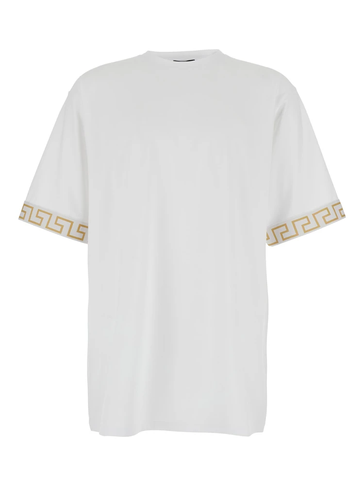 White Crewneck T-Shirt with Greca Pattern on the Sleeves in Tech Fabric Man