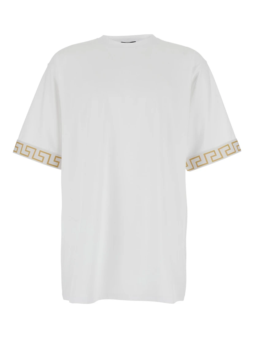 White Crewneck T-Shirt with Greca Pattern on the Sleeves in Tech Fabric Man