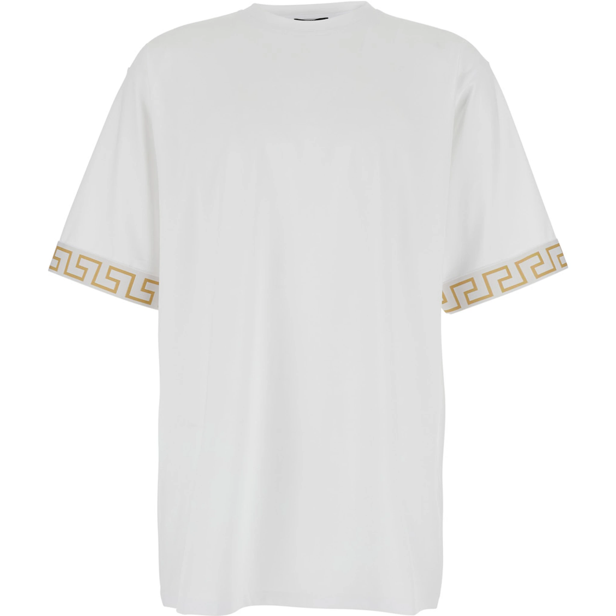 White Crewneck T-Shirt with Greca Pattern on the Sleeves in Tech Fabric Man