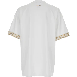White Crewneck T-Shirt with Greca Pattern on the Sleeves in Tech Fabric Man