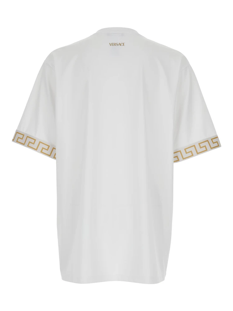 White Crewneck T-Shirt with Greca Pattern on the Sleeves in Tech Fabric Man alternative