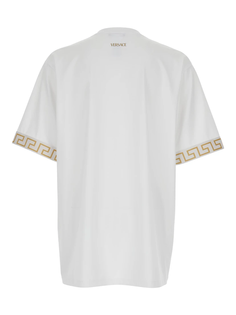 White Crewneck T-Shirt with Greca Pattern on the Sleeves in Tech Fabric Man