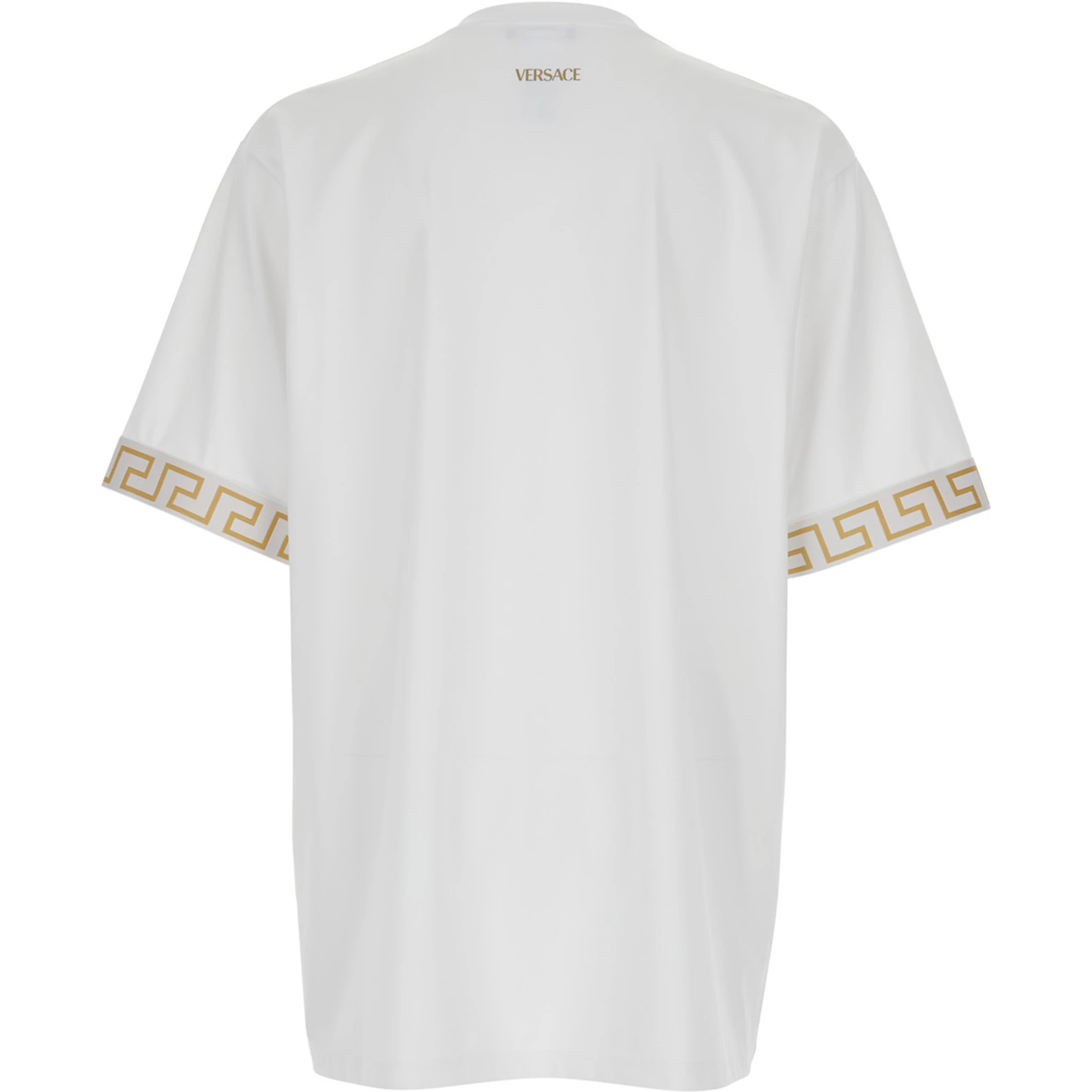 White Crewneck T-Shirt with Greca Pattern on the Sleeves in Tech Fabric Man