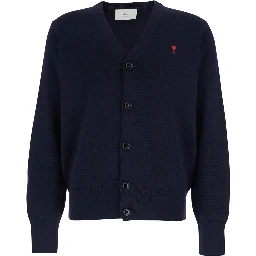 Blue Cardigan with V Neck and ADC Embroidery on the Front in Wool Blend Man