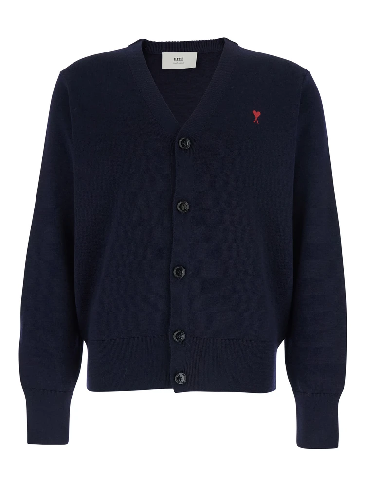Blue Cardigan with V Neck and ADC Embroidery on the Front in Wool Blend Man