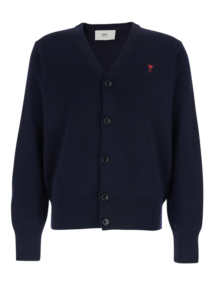 Blue Cardigan with V Neck and ADC Embroidery on the Front in Wool Blend Man