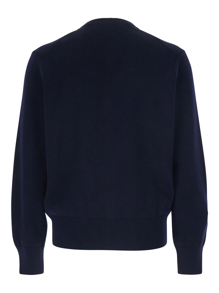 Blue Cardigan with V Neck and ADC Embroidery on the Front in Wool Blend Man alternative
