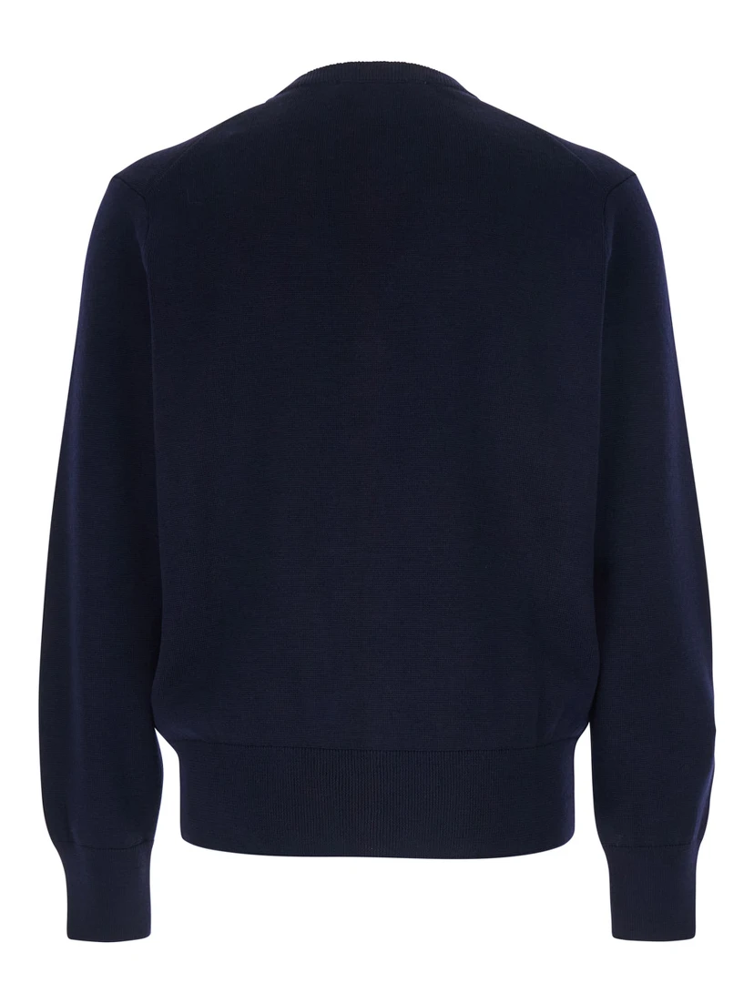 Blue Cardigan with V Neck and ADC Embroidery on the Front in Wool Blend Man