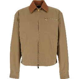 Beige Jacket with Leather Collar and Metallic Medusa Head Detail in Cotton Canvas Man