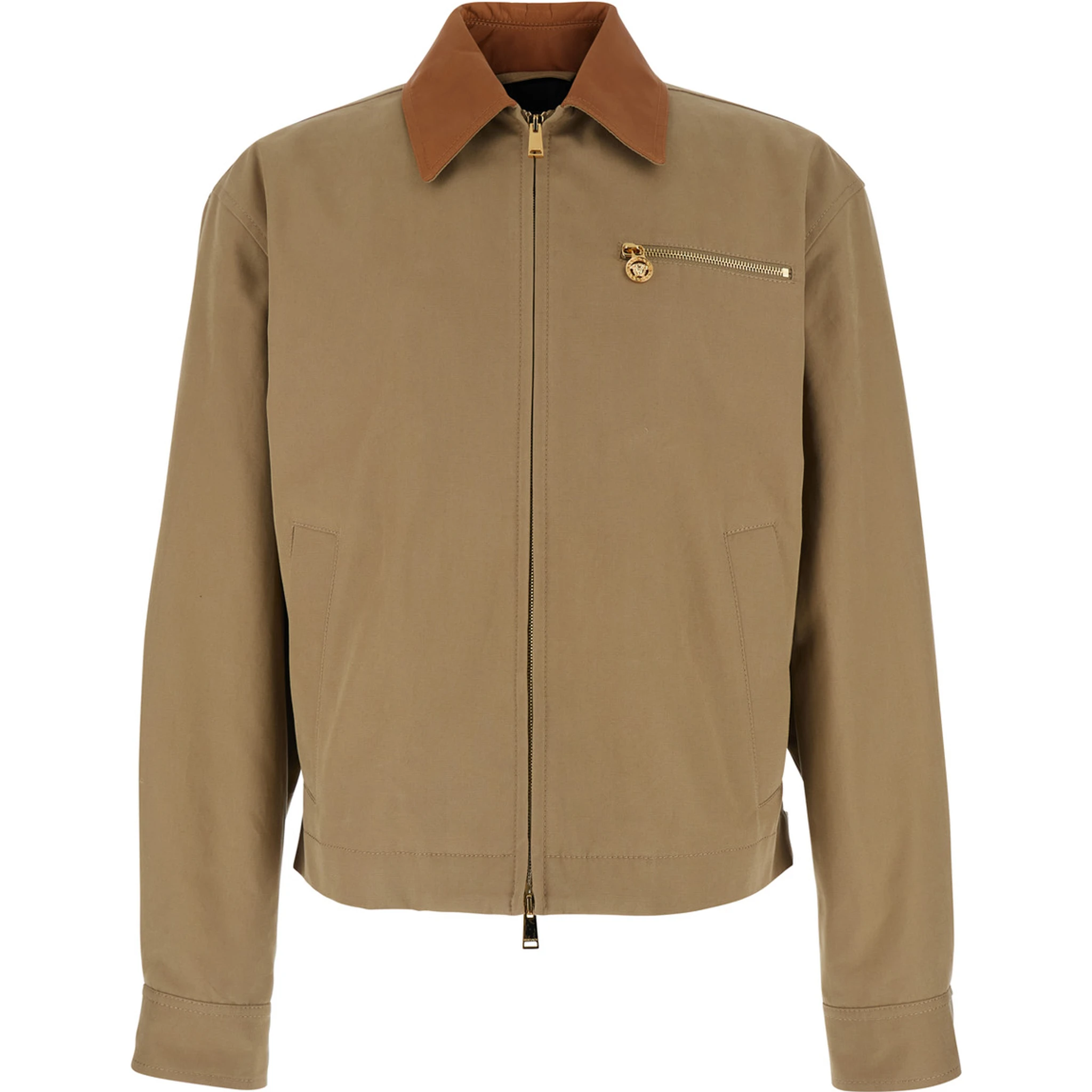 Beige Jacket with Leather Collar and Metallic Medusa Head Detail in Cotton Canvas Man