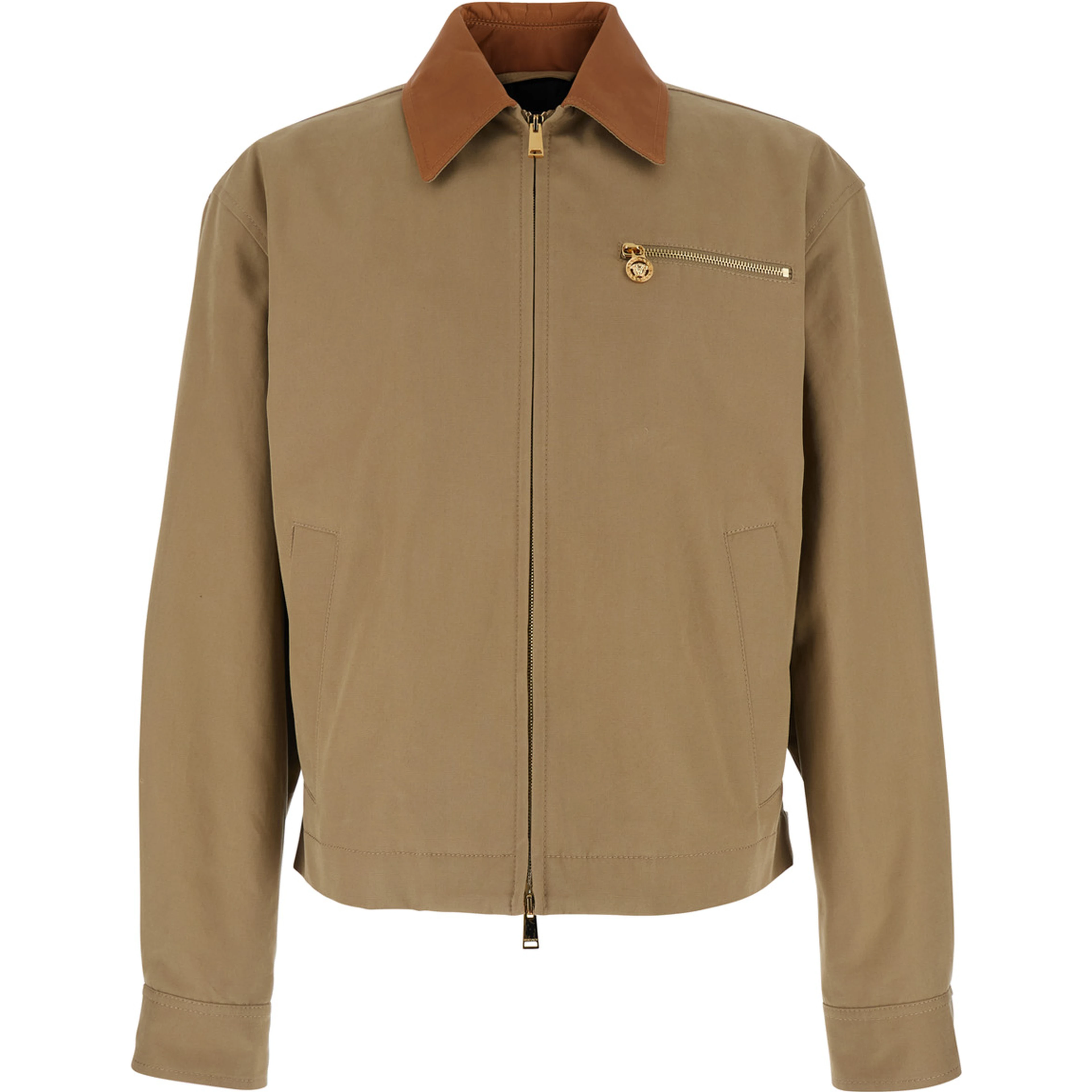 Beige Jacket with Leather Collar and Metallic Medusa Head Detail in Cotton Canvas Man