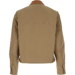 Beige Jacket with Leather Collar and Metallic Medusa Head Detail in Cotton Canvas Man