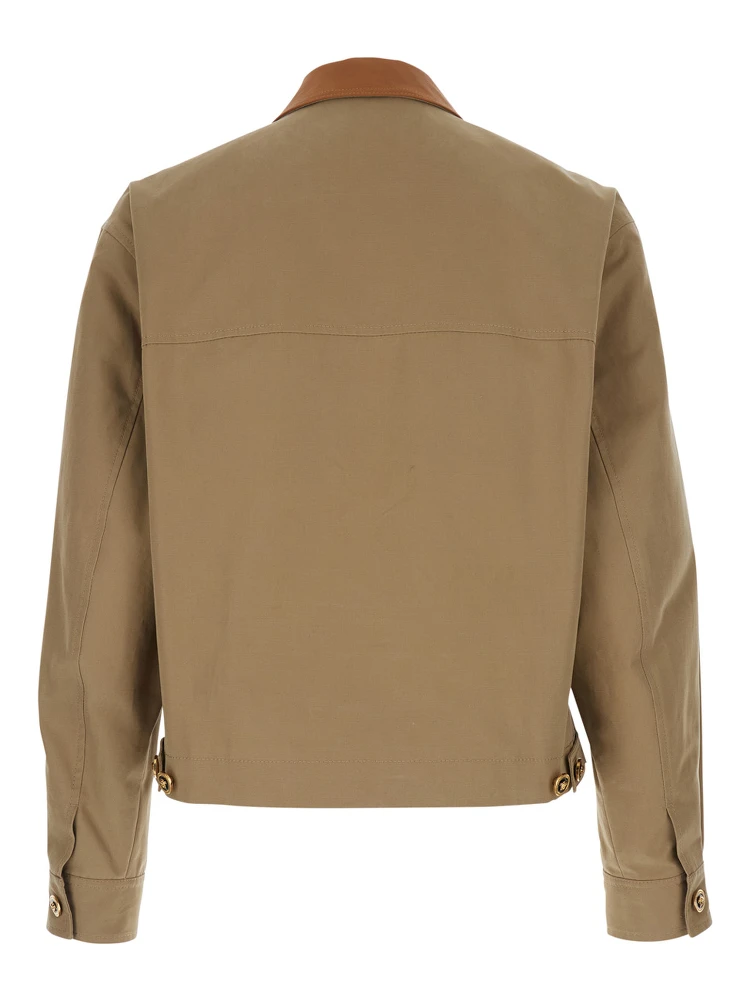 Beige Jacket with Leather Collar and Metallic Medusa Head Detail in Cotton Canvas Man alternative