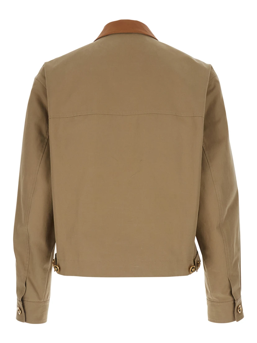 Beige Jacket with Leather Collar and Metallic Medusa Head Detail in Cotton Canvas Man