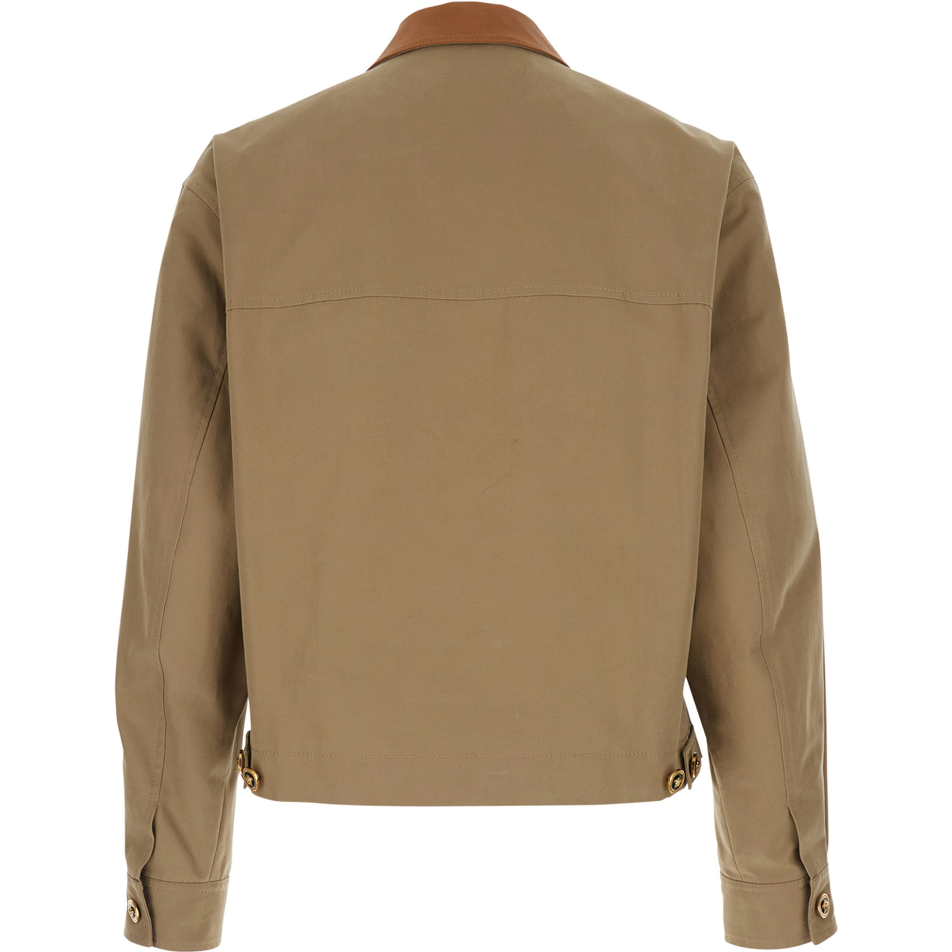 Beige Jacket with Leather Collar and Metallic Medusa Head Detail in Cotton Canvas Man